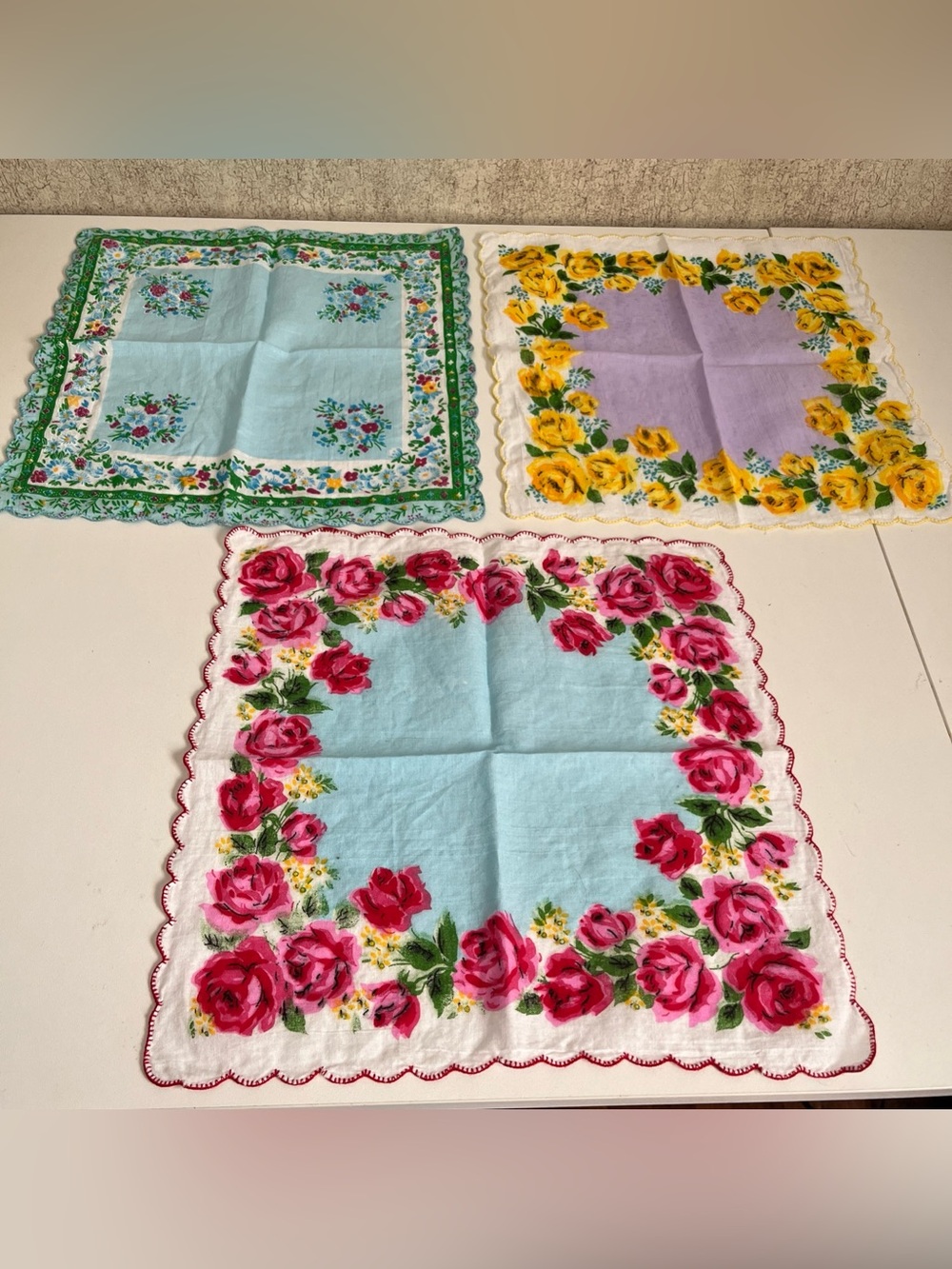 Vintage Cotton Handkerchief Bundle Colorful Floral Scalloped Border Lot of 3 EC